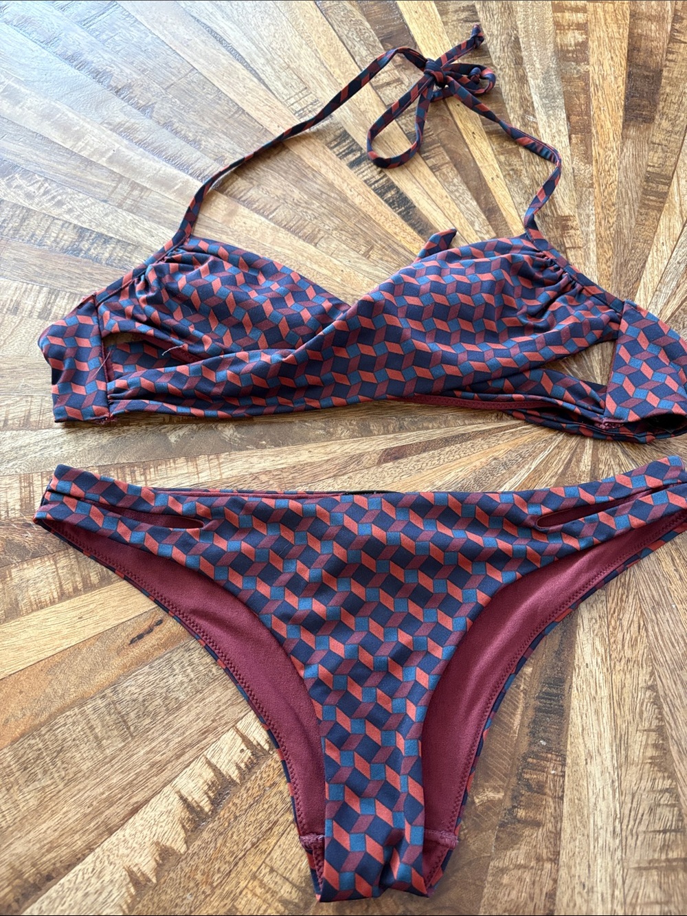 H&M Burgundy and Navy Geometric Bikini Set